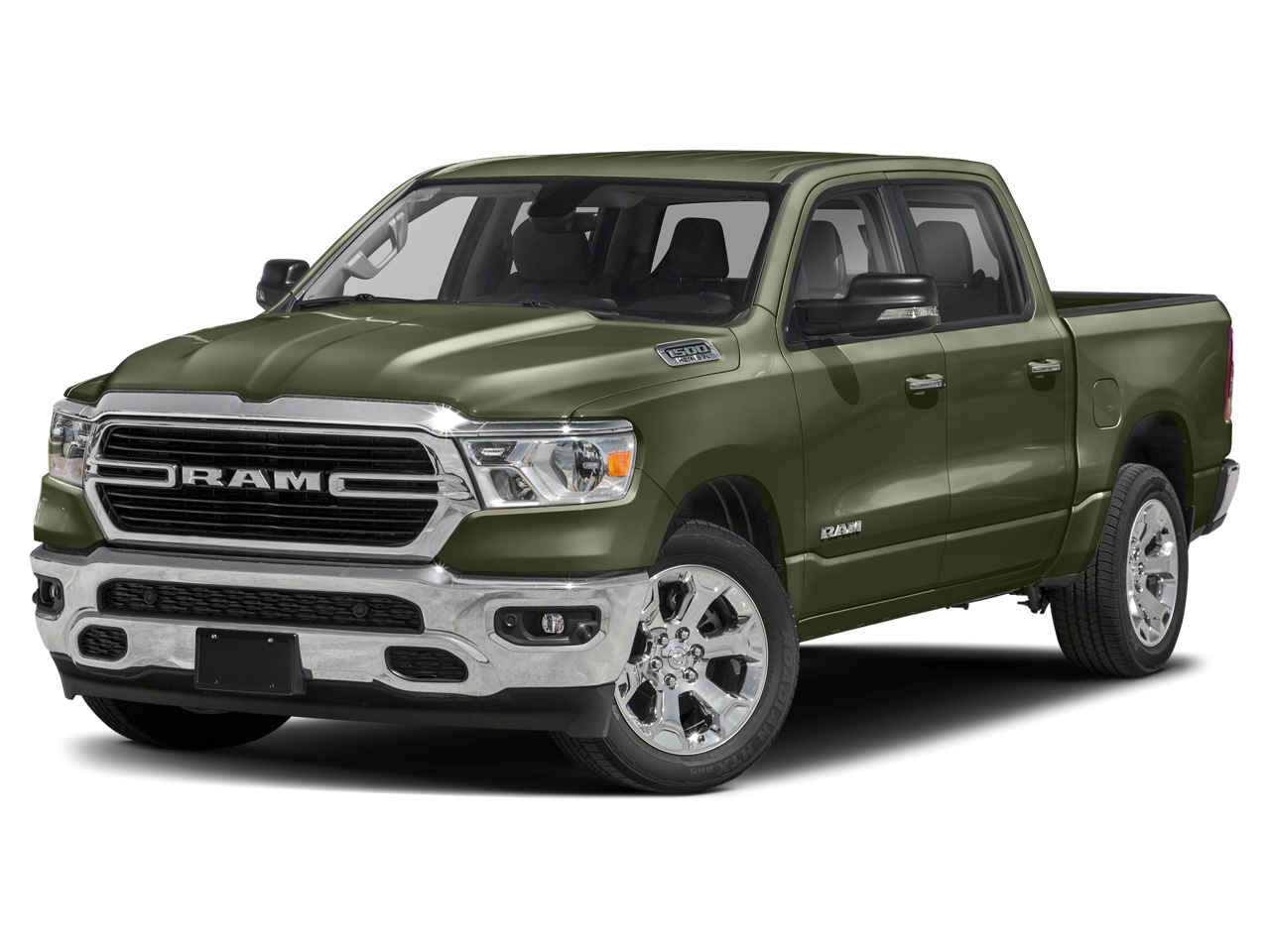2020 RAM 1500 Big Horn Crew Cab 4x4 5'7' Box in Olive Green Pearlcoat — front three-quarter view