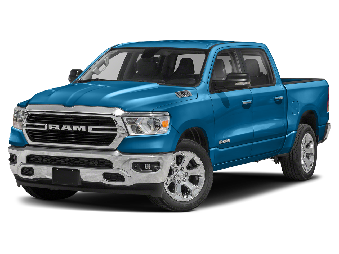 2021 RAM 1500 Big Horn Crew Cab 4x4 5'7' Box in Hydro Blue Pearlcoat — front three-quarter view
